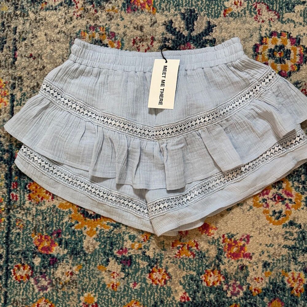 NEW Meet Me There Light Blue Ruffle Crochet Junies Short Size S/M Boho Festival